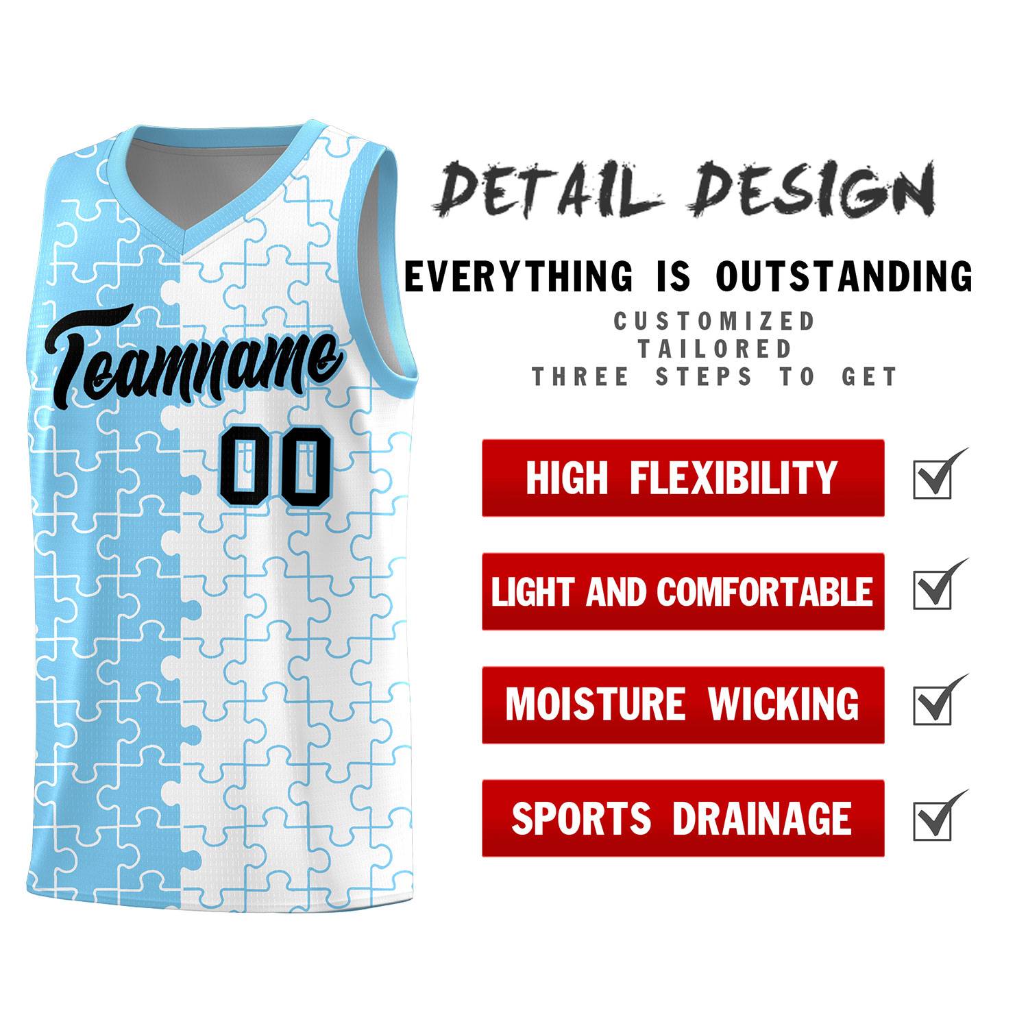 Custom Youth Basketball Jersey Light Blue White Puzzle Pattern Breathable Team Uniform