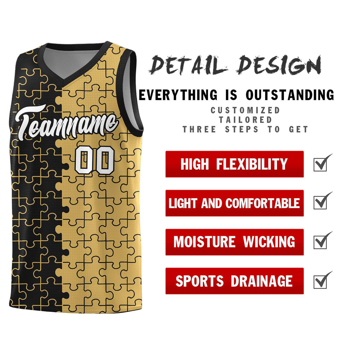 Custom Youth Basketball Jersey Black Old Gold Puzzle Pattern Moisture-Wicking Team Uniform