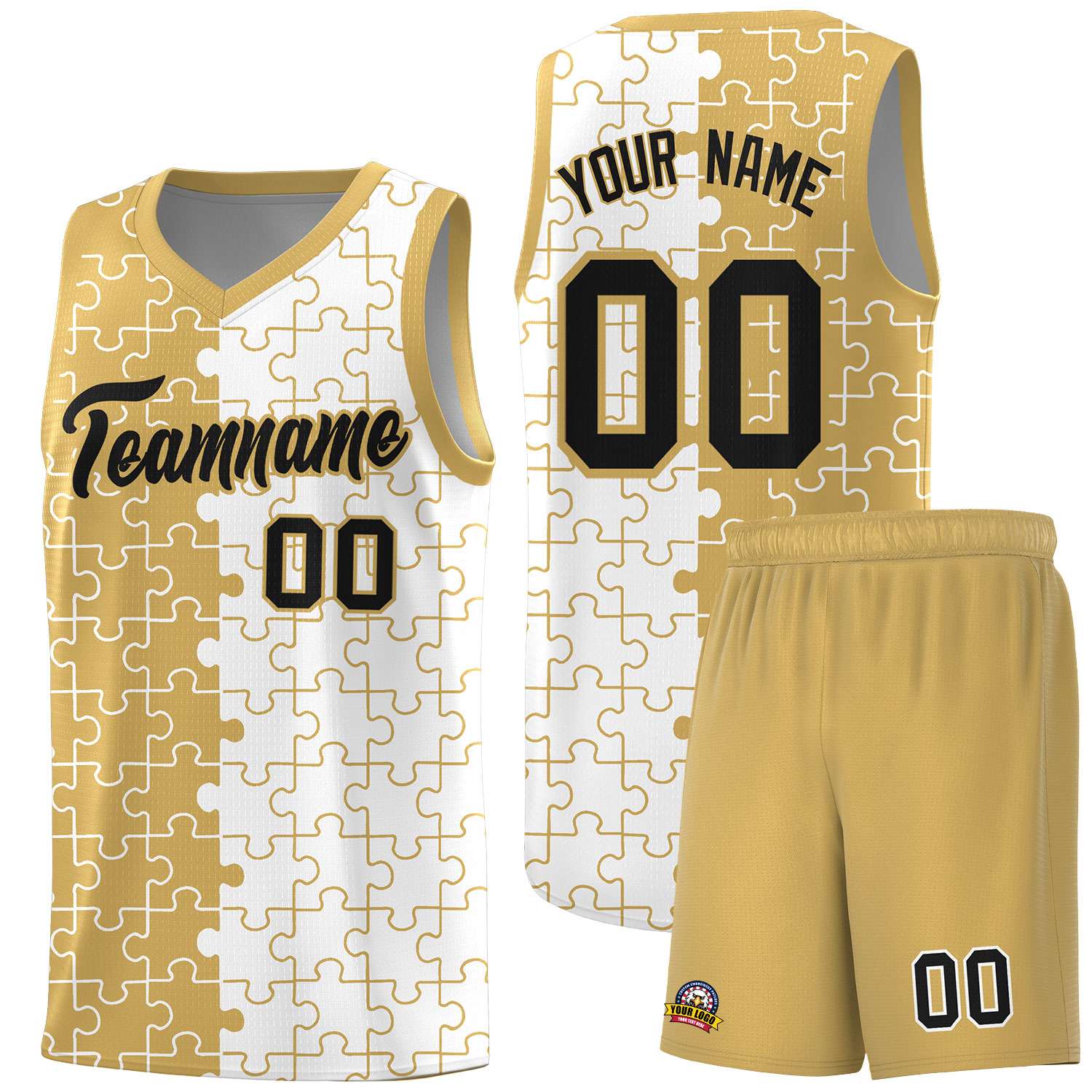 Custom Youth Basketball Jersey Old Gold White Puzzle Pattern Personalized Team Uniform