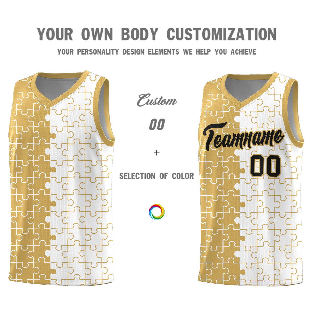 Custom Youth Basketball Jersey Old Gold White Puzzle Pattern Personalized Team Uniform