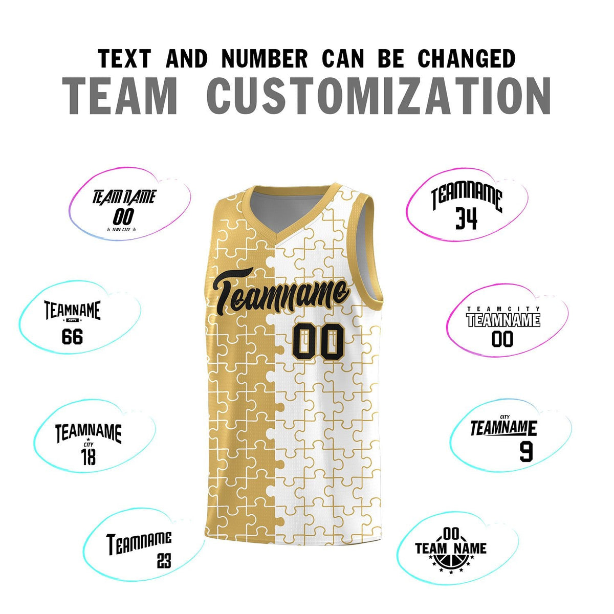 Custom Youth Basketball Jersey Old Gold White Puzzle Pattern Personalized Team Uniform
