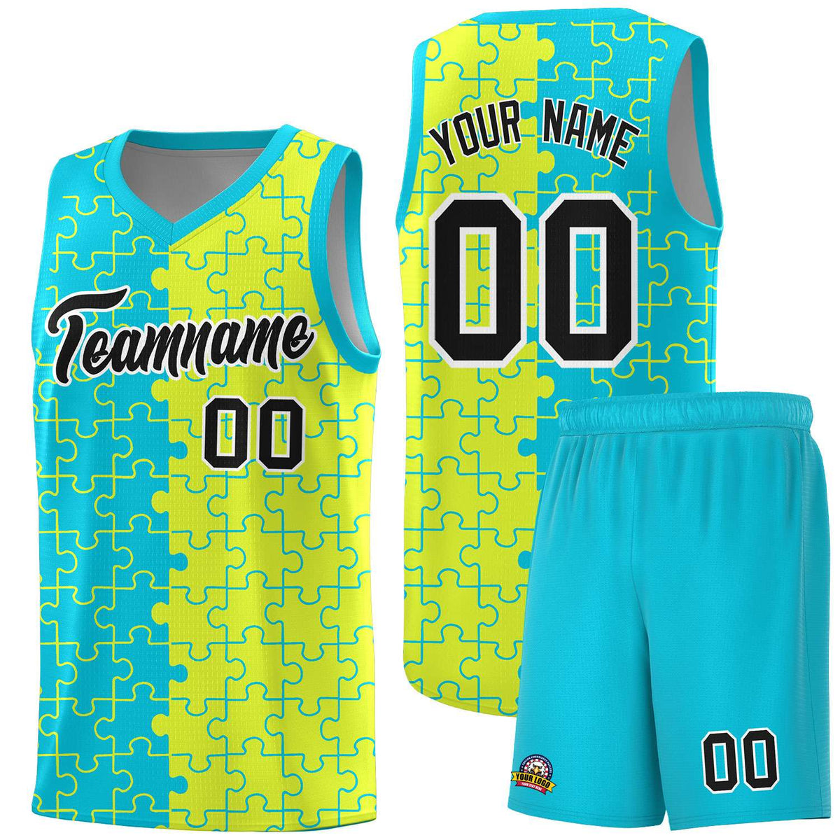 Custom Youth Basketball Jersey Sky Blue Fluorescent Green Puzzle Pattern Personalized Team Uniform