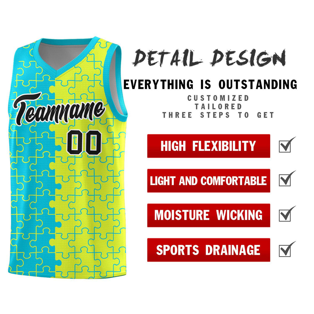 Custom Youth Basketball Jersey Sky Blue Fluorescent Green Puzzle Pattern Personalized Team Uniform