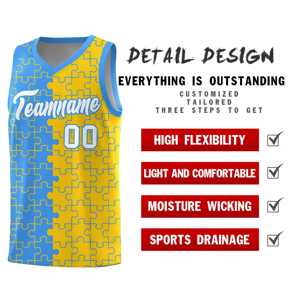 Custom Youth Basketball Jersey Light Blue Gold Puzzle Pattern Moisture-Wicking Team Uniform
