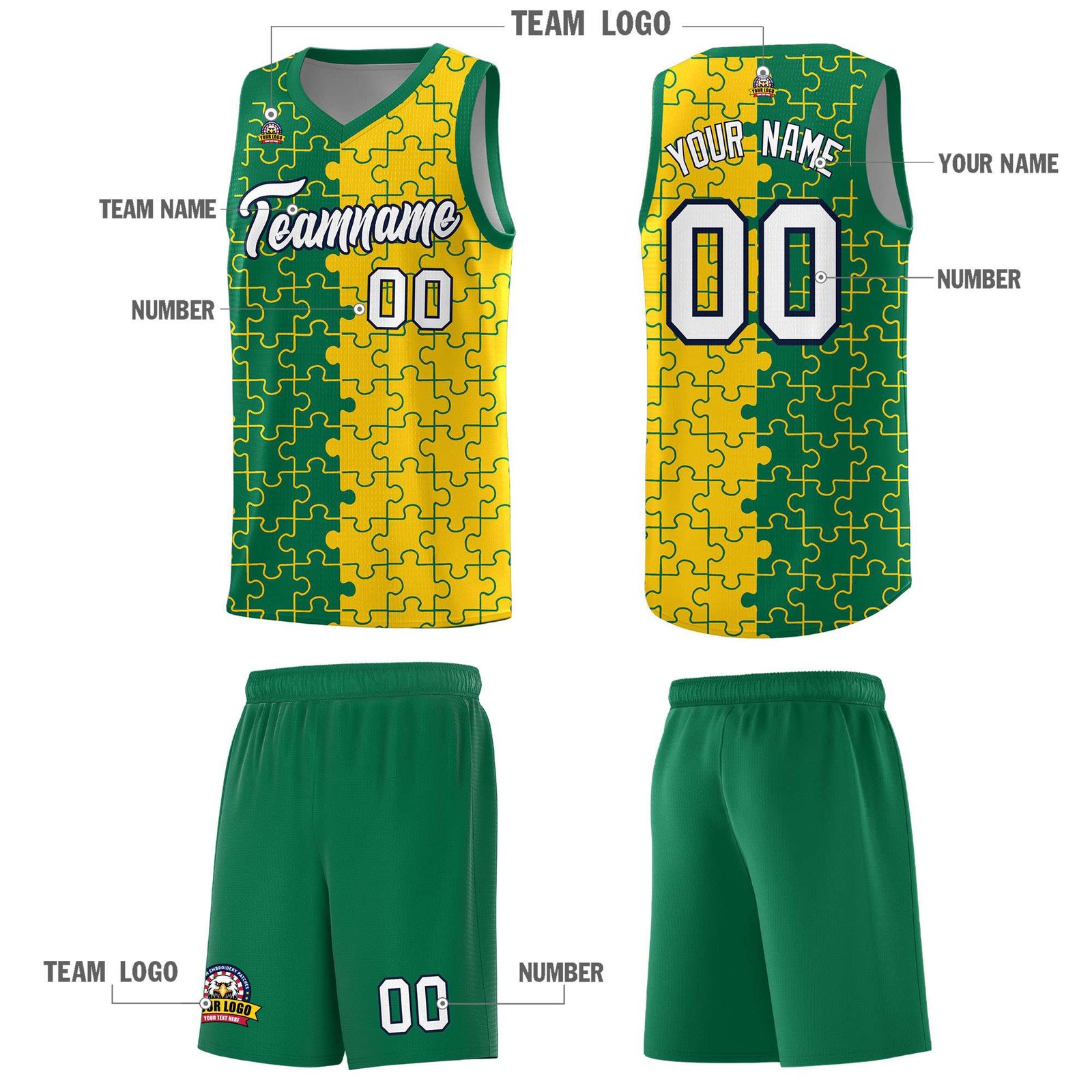 Custom Youth Basketball Jersey Kelly Green Gold Puzzle Pattern Personalized Team Uniform