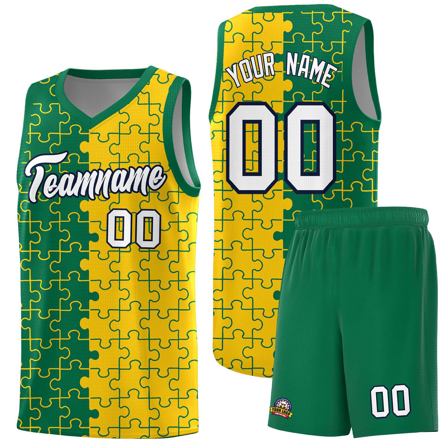 Custom Youth Basketball Jersey Kelly Green Gold Puzzle Pattern Personalized Team Uniform