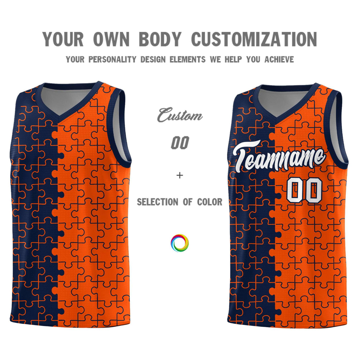 Custom Youth Basketball Jersey Navy Orange Puzzle Pattern Add Name, Number &amp; Team Logo