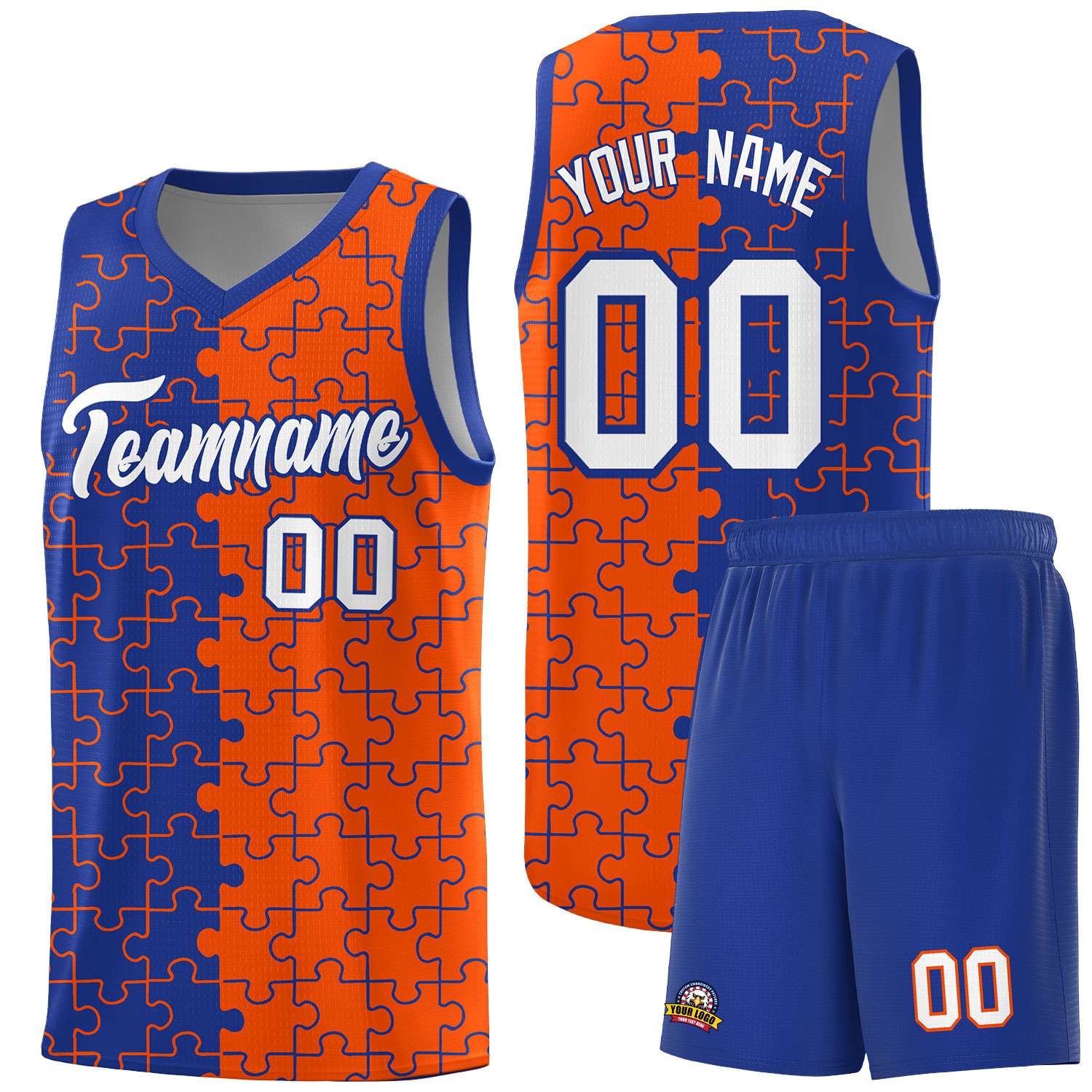 Custom Youth Basketball Jersey Royal Blue Orange Puzzle Pattern Breathable Team Uniform