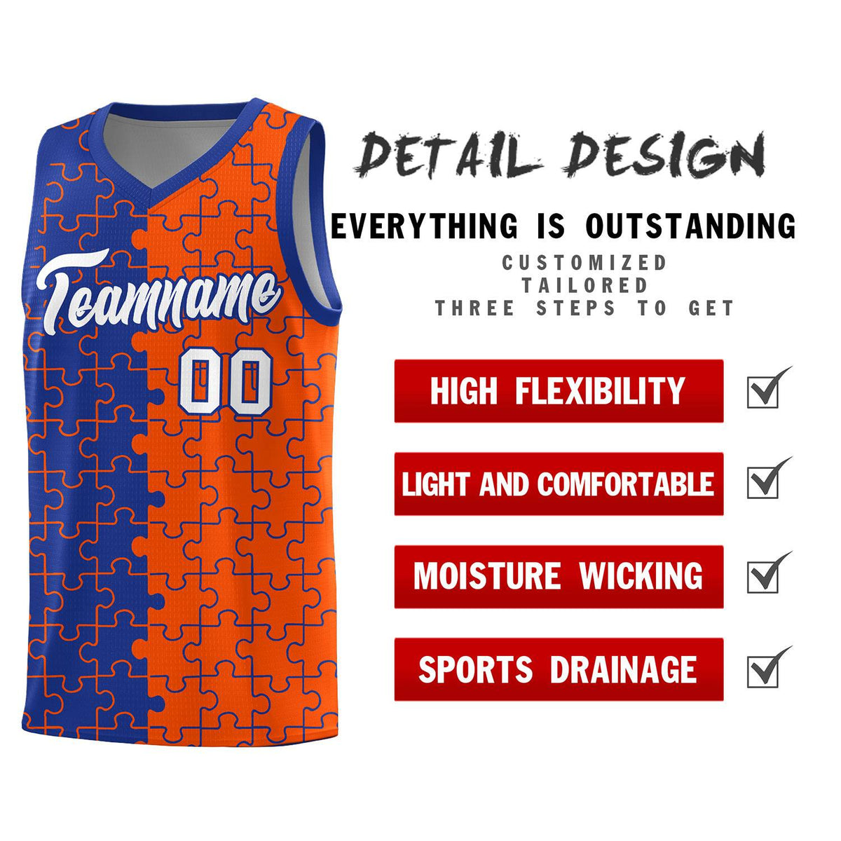 Custom Youth Basketball Jersey Royal Blue Orange Puzzle Pattern Breathable Team Uniform