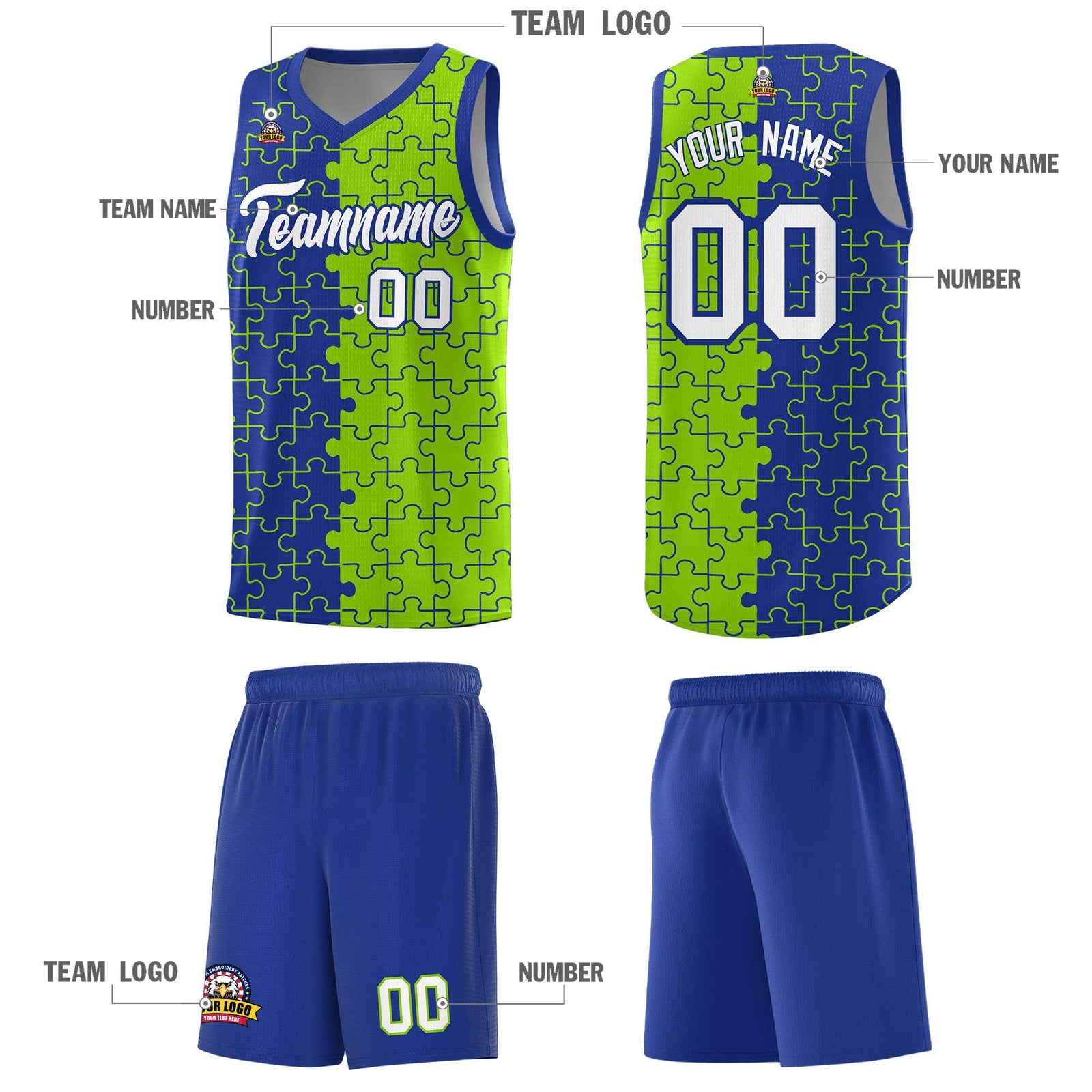 Custom Youth Basketball Jersey Royal Blue Neon Green Puzzle Pattern Moisture-Wicking Team Uniform
