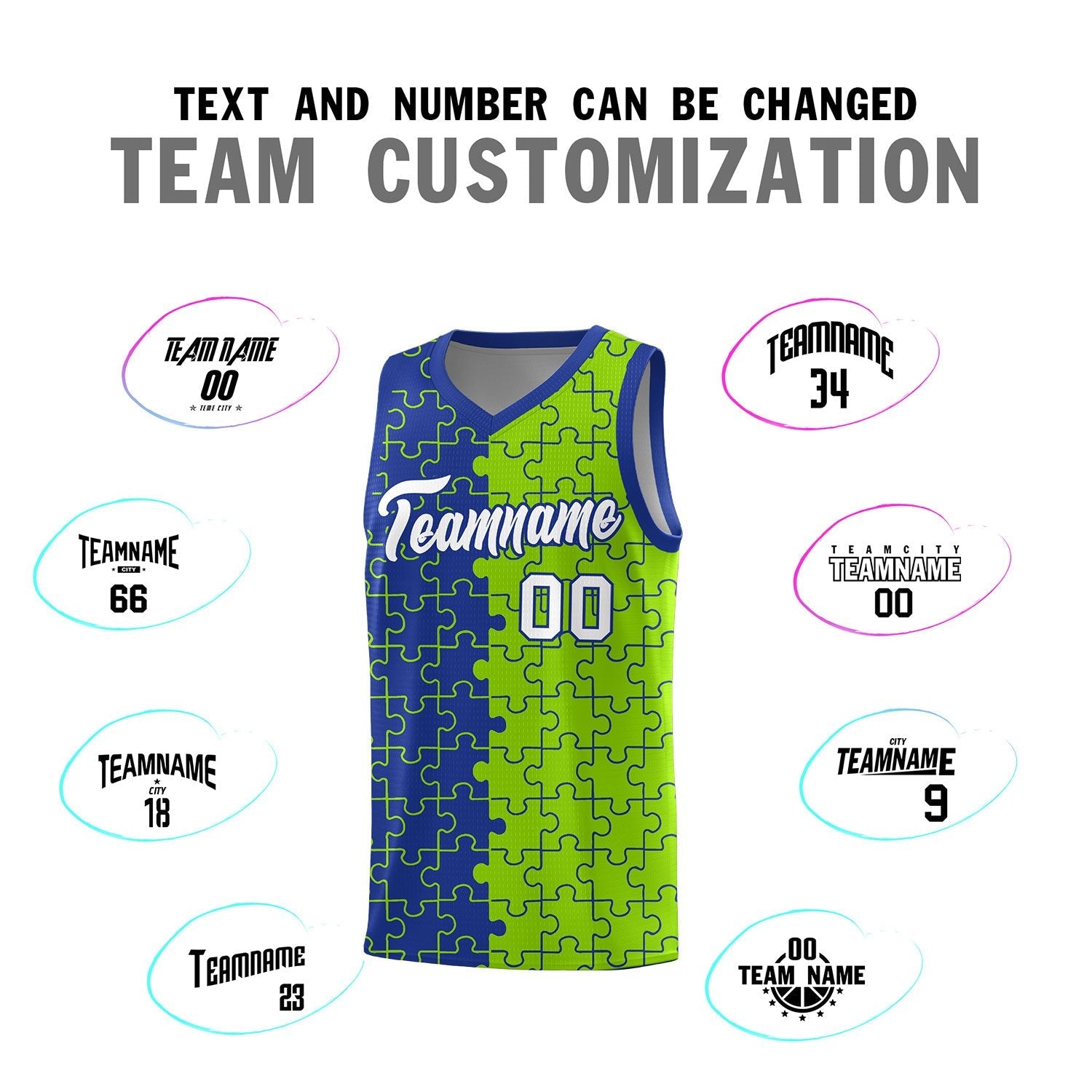 Custom Youth Basketball Jersey Royal Blue Neon Green Puzzle Pattern Moisture-Wicking Team Uniform