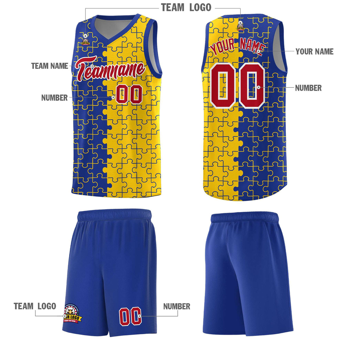 Custom Youth Basketball Jersey Royal Blue Gold Puzzle Pattern Add Name, Number &amp; Team Logo
