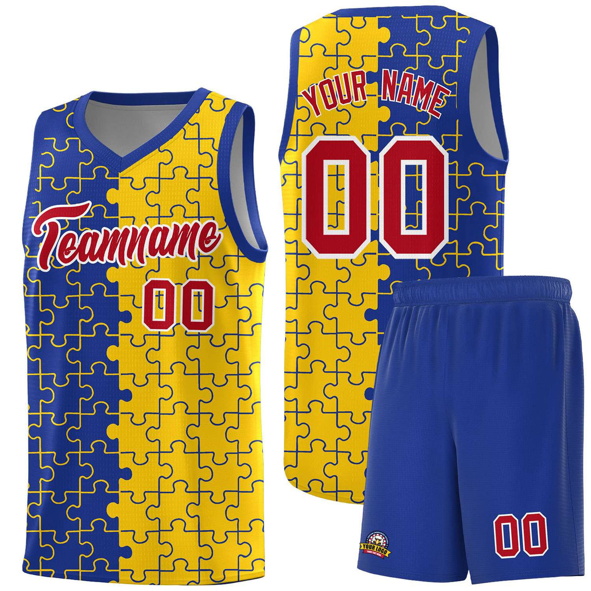 Custom Youth Basketball Jersey Royal Blue Gold Puzzle Pattern Add Name, Number &amp; Team Logo