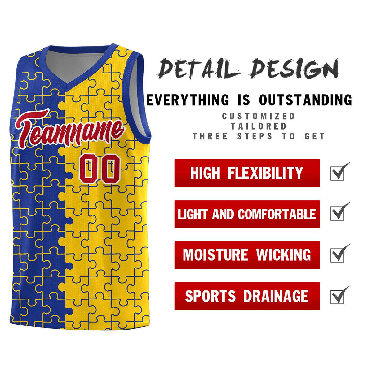 Custom Youth Basketball Jersey Royal Blue Gold Puzzle Pattern Add Name, Number &amp; Team Logo