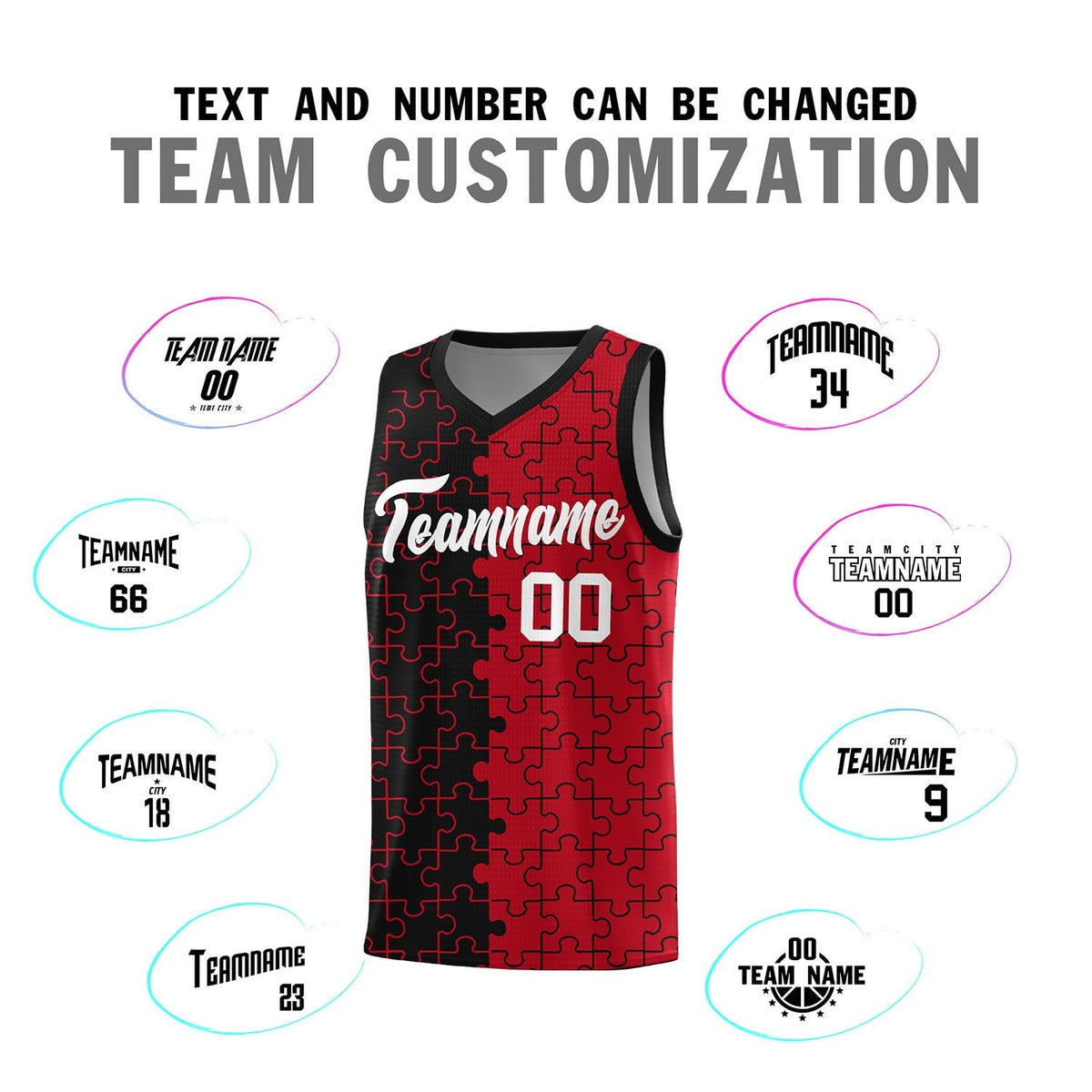Custom Youth Basketball Jersey Black Red Puzzle Pattern Breathable Team Uniform