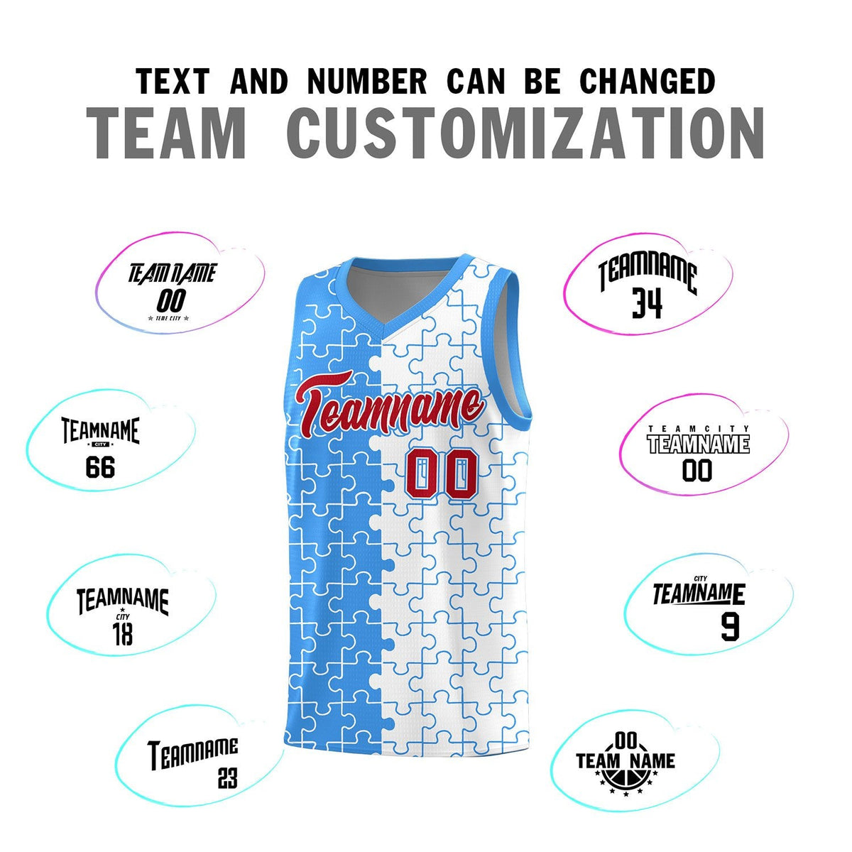 Custom Youth Basketball Jersey Light Blue White Puzzle Pattern Personalized Team Uniform