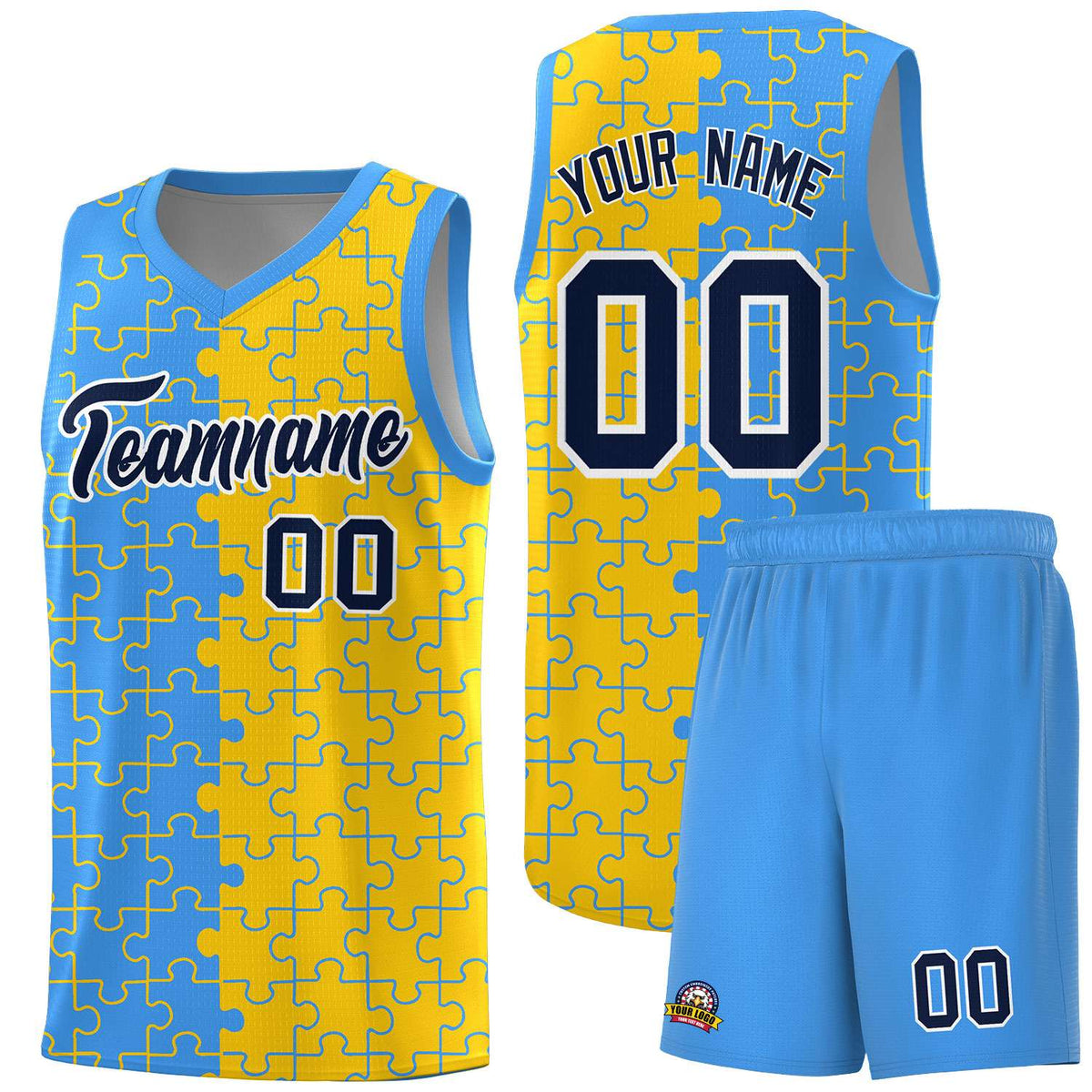 Custom Youth Basketball Jersey Light Blue Gold Puzzle Pattern Add Name, Number &amp; Team Logo