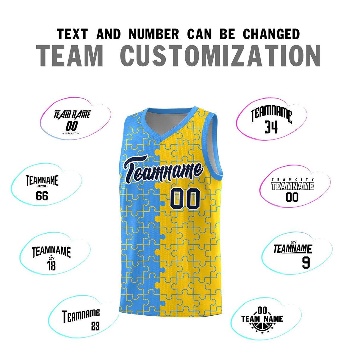 Custom Youth Basketball Jersey Light Blue Gold Puzzle Pattern Add Name, Number &amp; Team Logo
