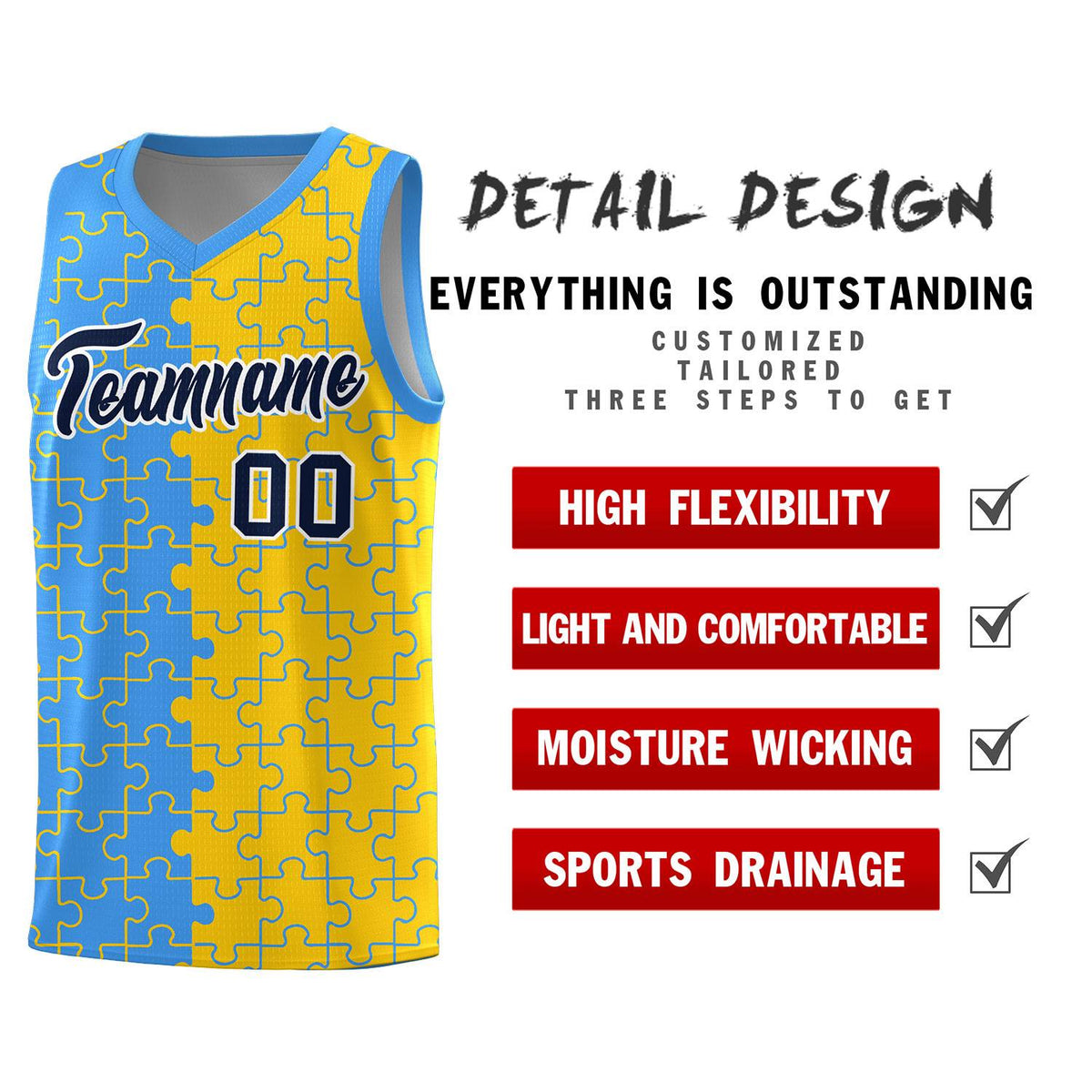 Custom Youth Basketball Jersey Light Blue Gold Puzzle Pattern Add Name, Number &amp; Team Logo