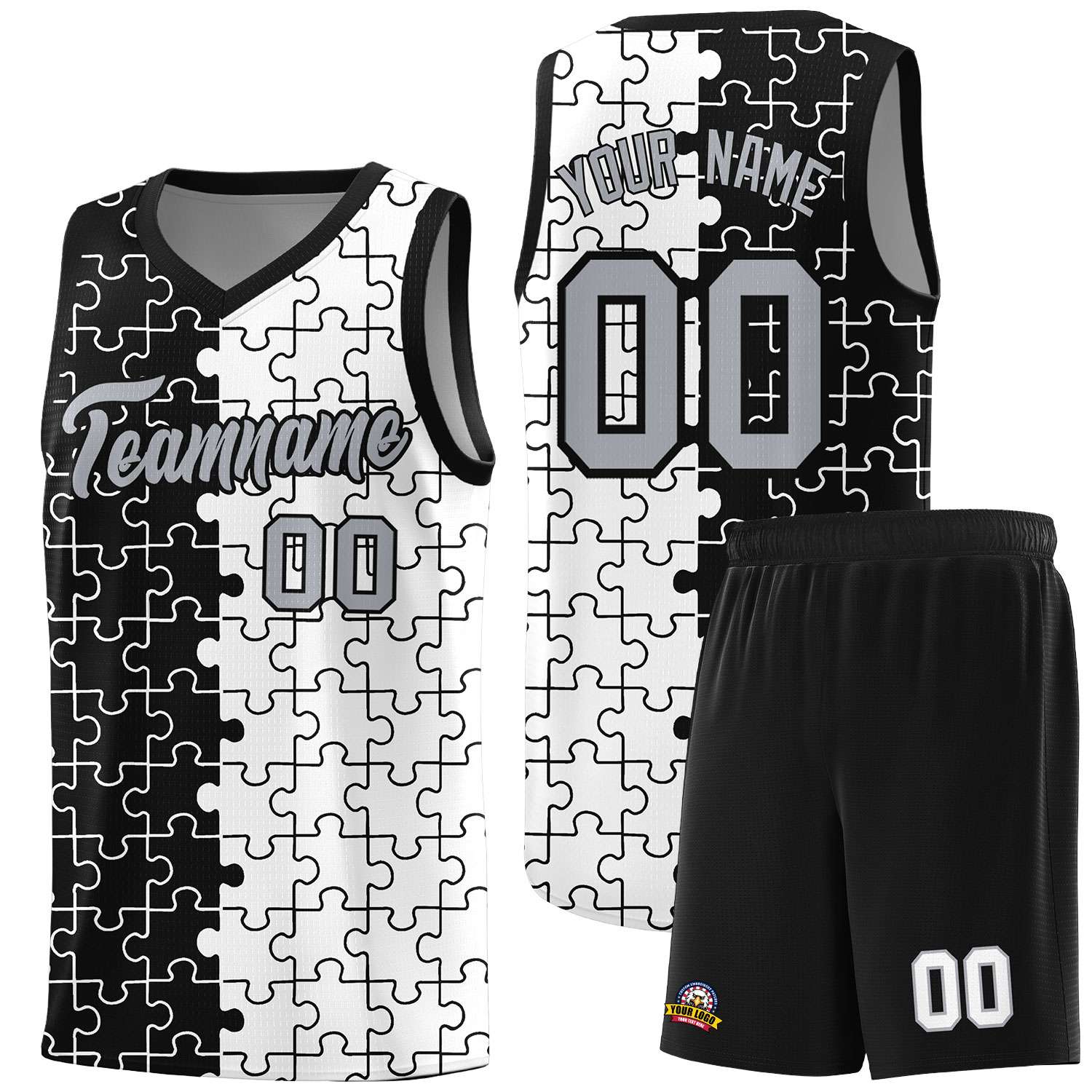 Custom Youth Basketball Jersey Black White Puzzle Pattern Breathable Team Uniform
