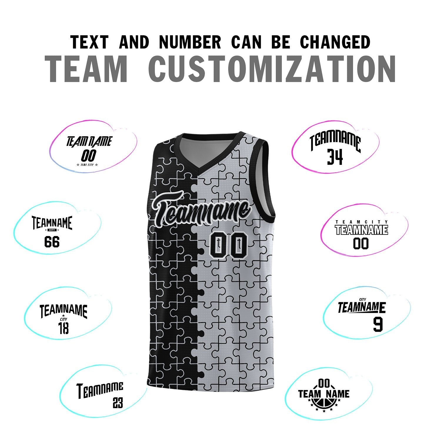 Custom Youth Basketball Jersey Black Gray Puzzle Pattern Moisture-Wicking Team Uniform