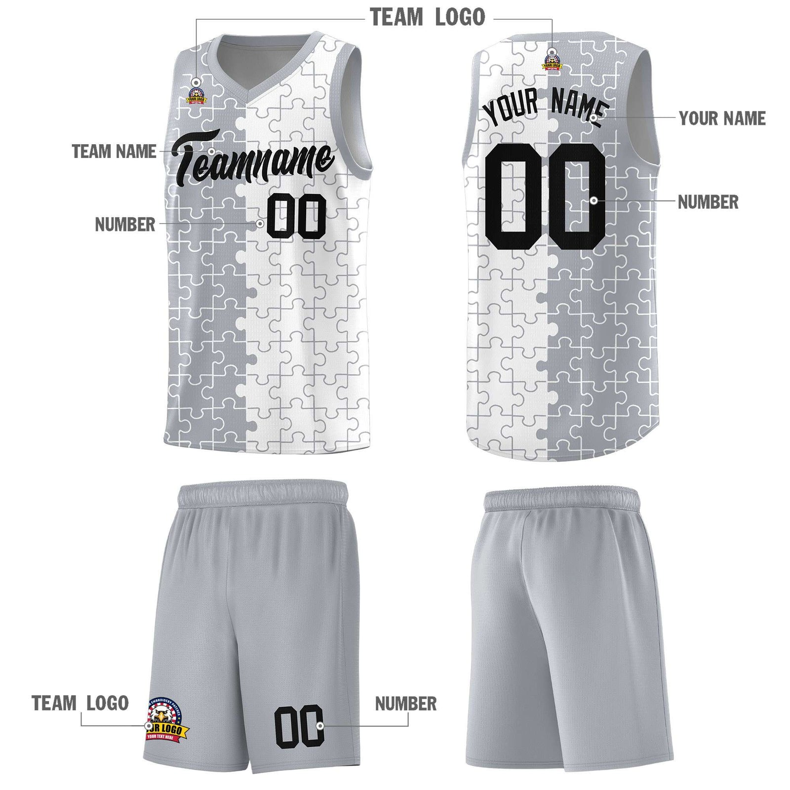 Custom Youth Basketball Jersey Gray White Puzzle Pattern Personalized Team Uniform