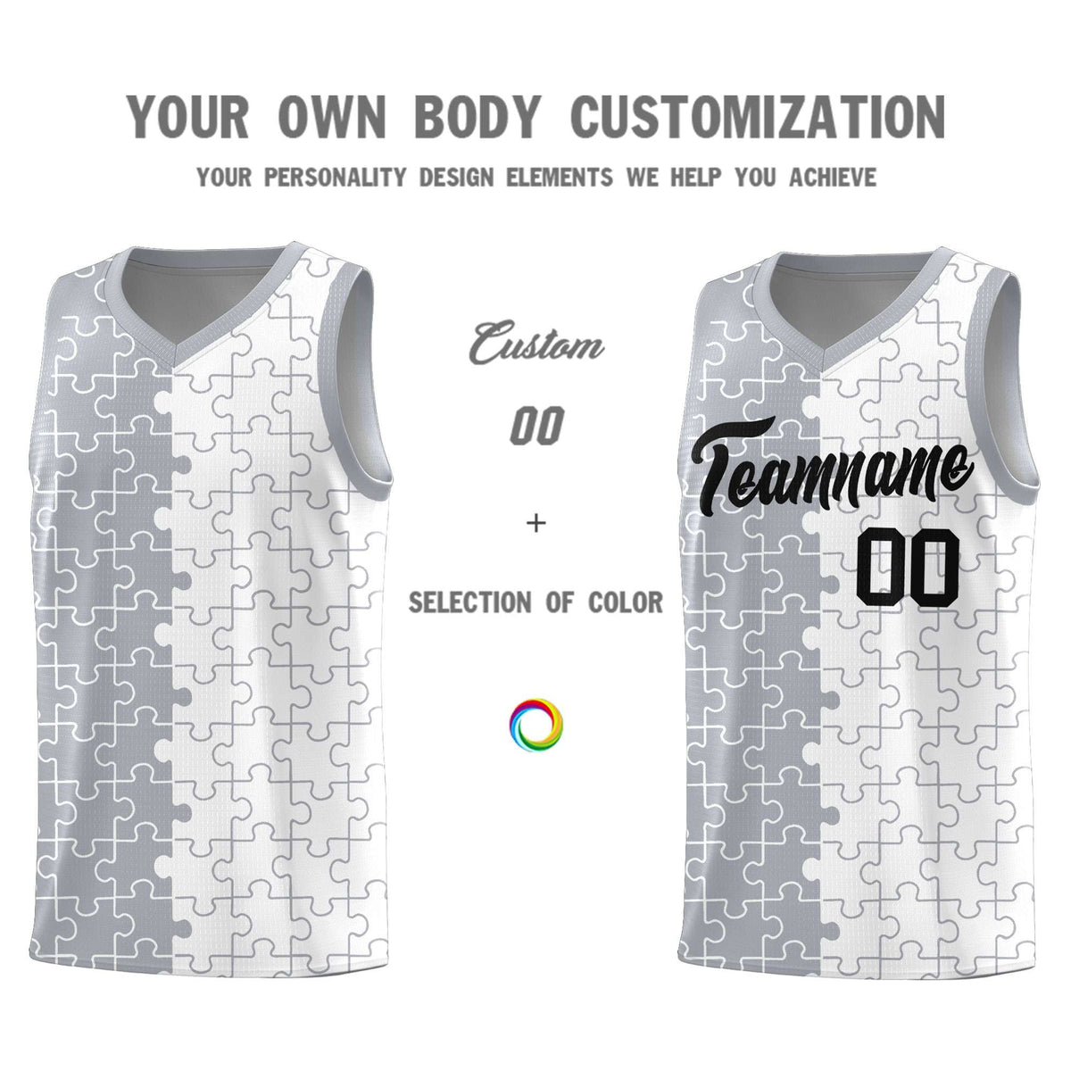 Custom Youth Basketball Jersey Gray White Puzzle Pattern Personalized Team Uniform