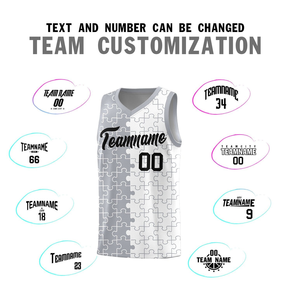 Custom Youth Basketball Jersey Gray White Puzzle Pattern Personalized Team Uniform
