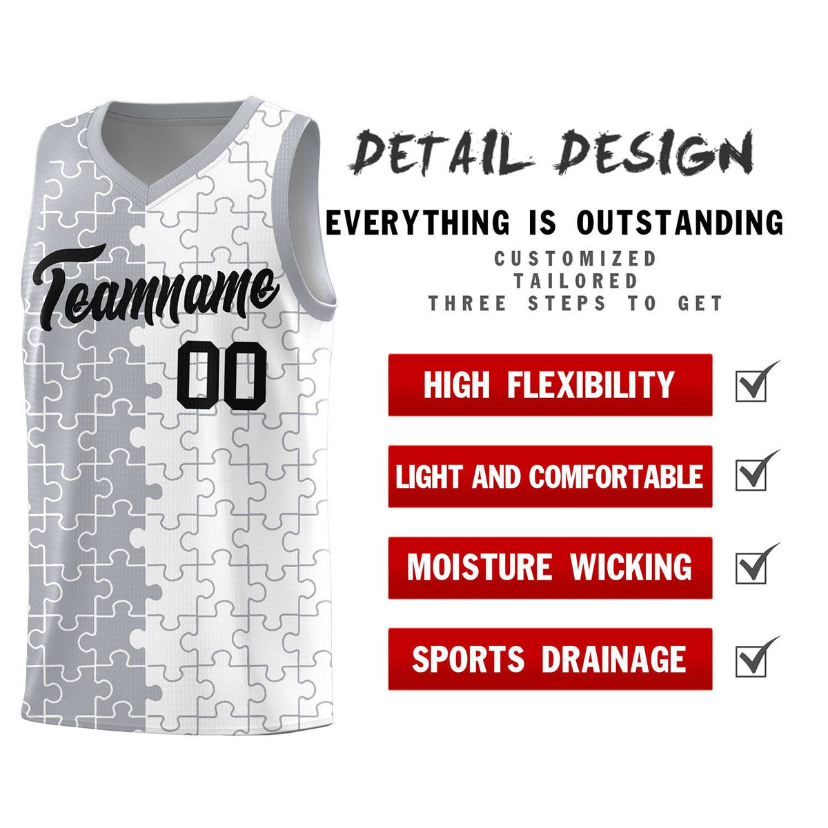 Custom Youth Basketball Jersey Gray White Puzzle Pattern Personalized Team Uniform