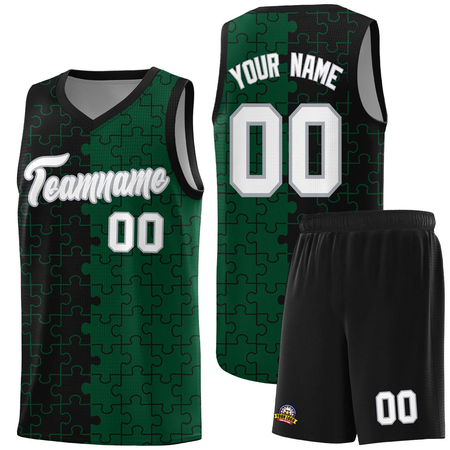Custom Youth Basketball Jersey Black Green Puzzle Pattern Breathable Team Uniform