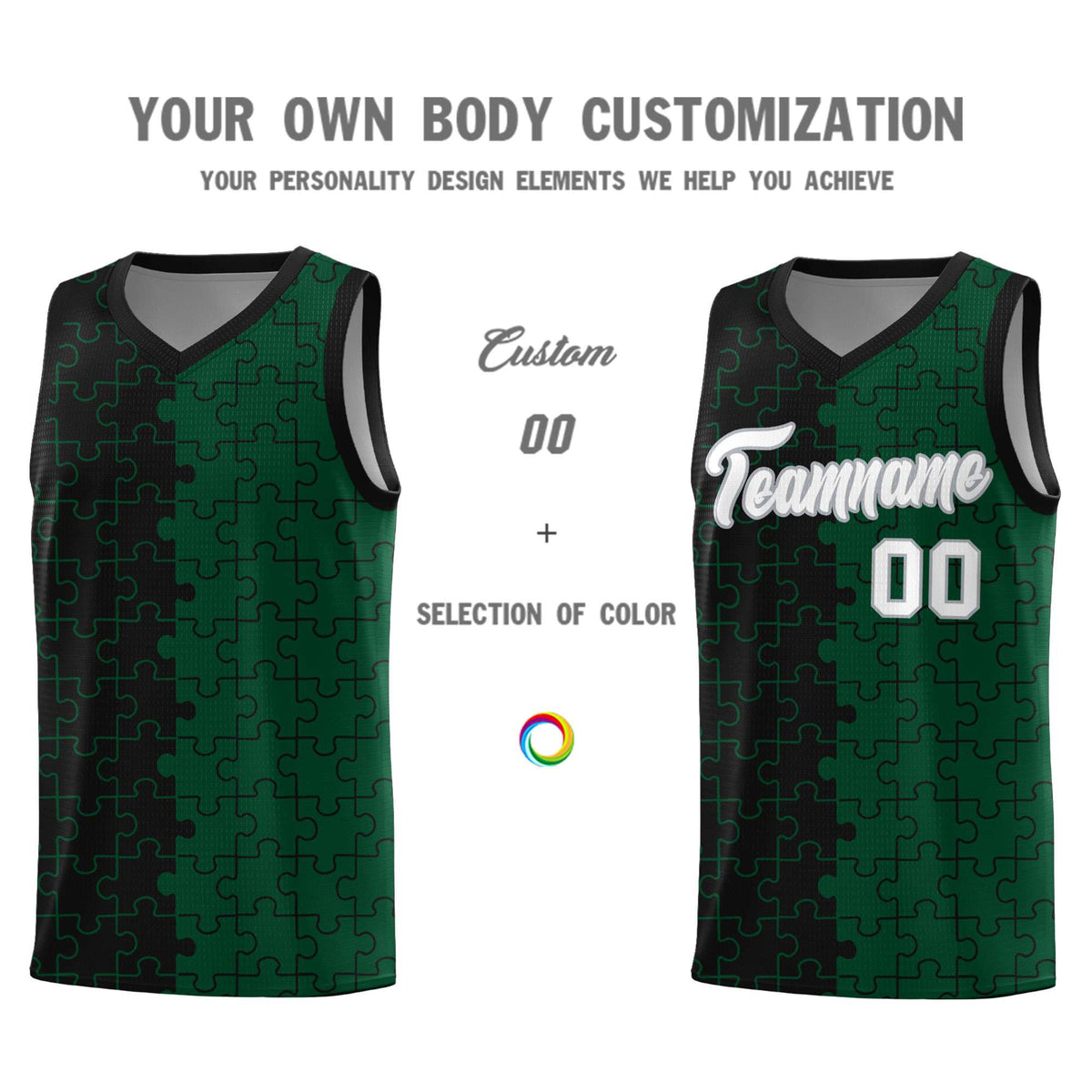 Custom Youth Basketball Jersey Black Green Puzzle Pattern Breathable Team Uniform