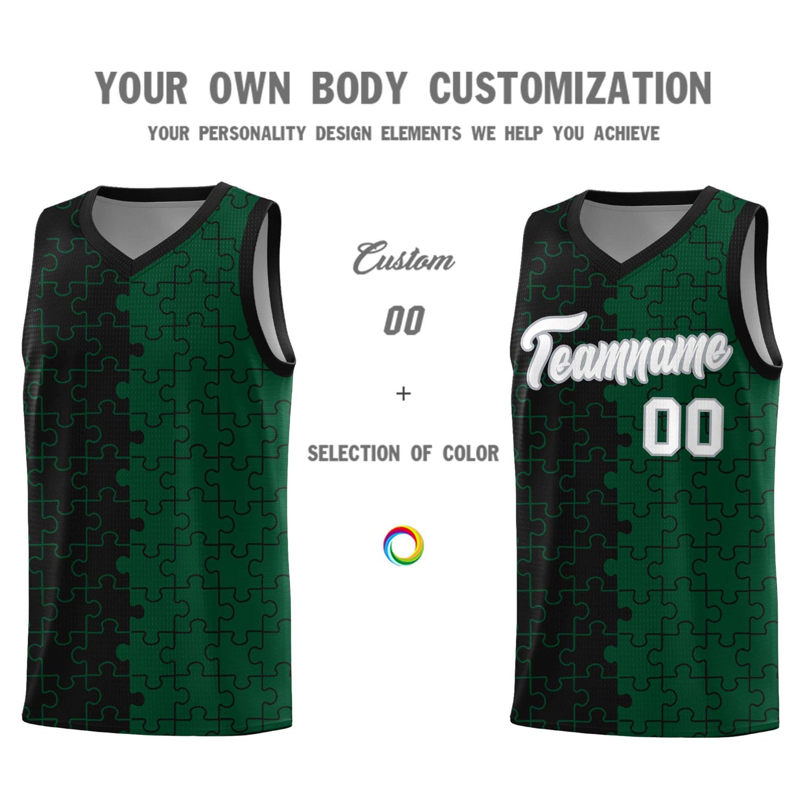 Custom Youth Basketball Jersey Black Green Puzzle Pattern Breathable Team Uniform