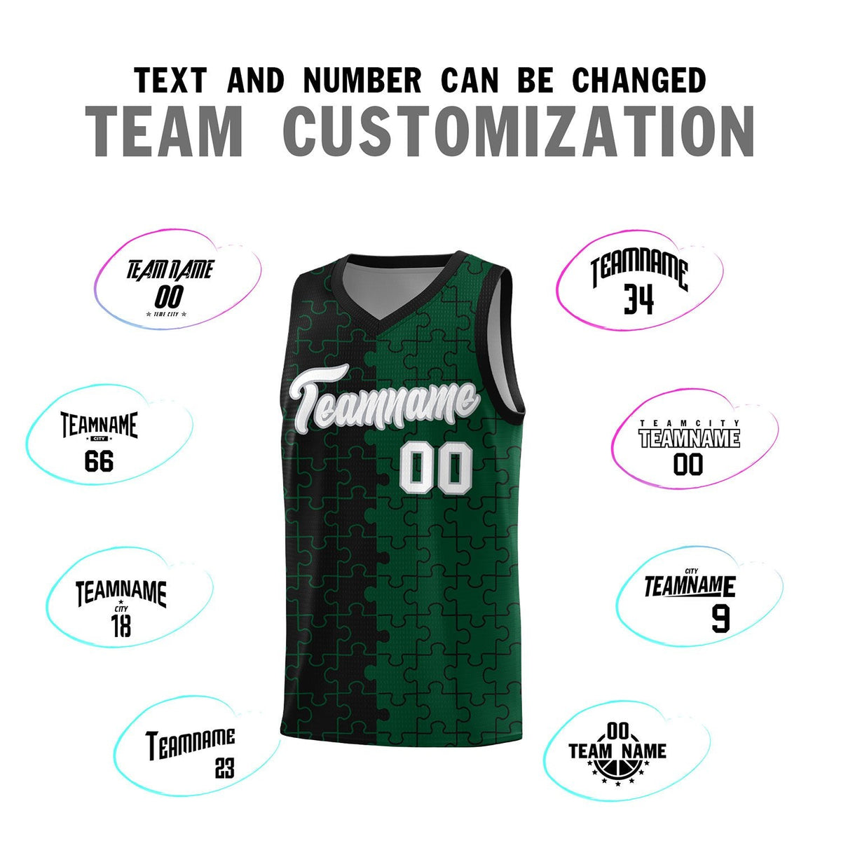 Custom Youth Basketball Jersey Black Green Puzzle Pattern Breathable Team Uniform