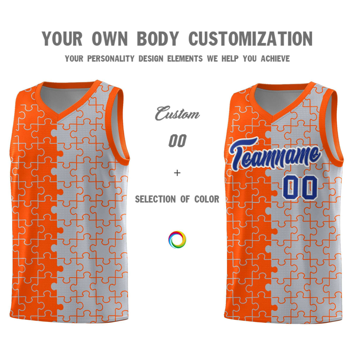 Custom Youth Basketball Jersey Orange Gray Puzzle Pattern Personalized Team Uniform