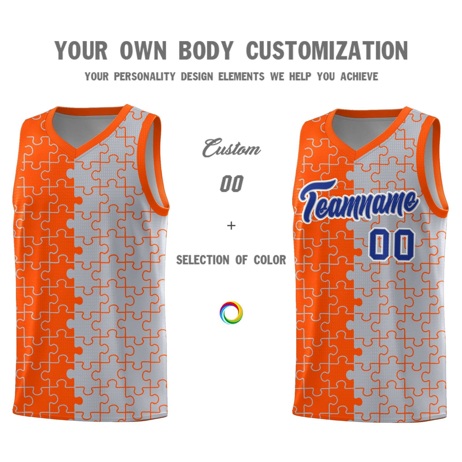 Custom Youth Basketball Jersey Orange Gray Puzzle Pattern Personalized Team Uniform