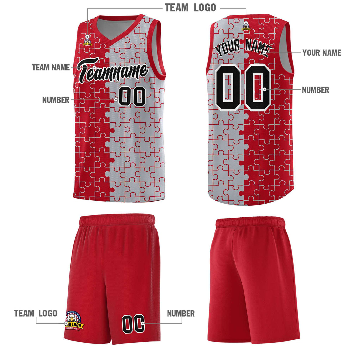 Custom Youth Basketball Jersey Red Gray Puzzle Pattern Add Name, Number & Team Logo