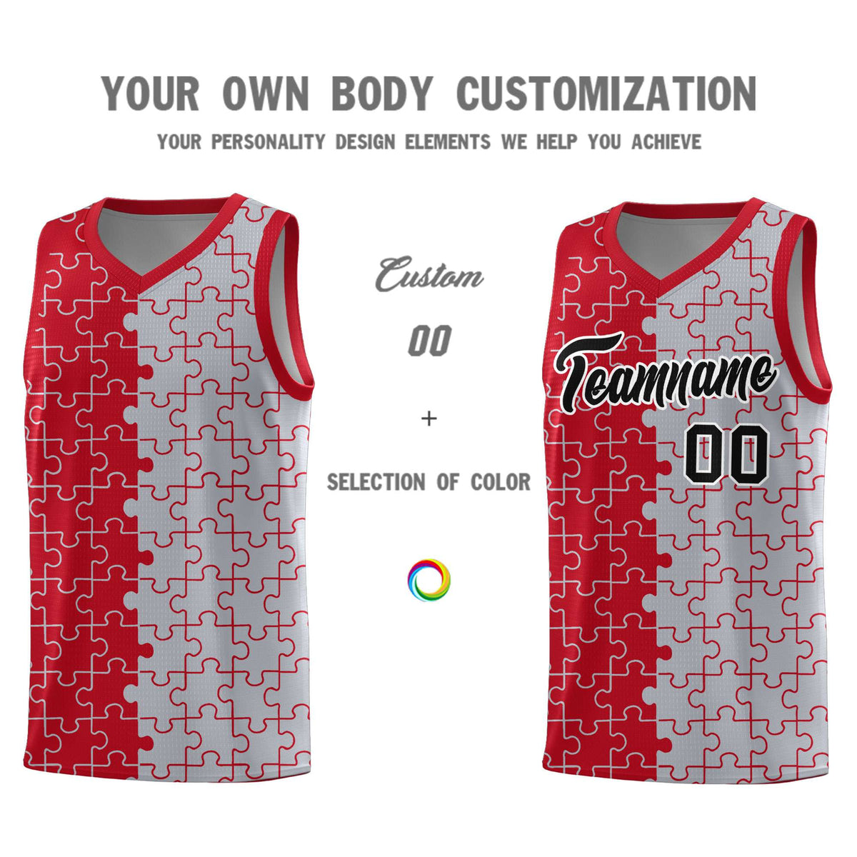 Custom Youth Basketball Jersey Red Gray Puzzle Pattern Add Name, Number & Team Logo