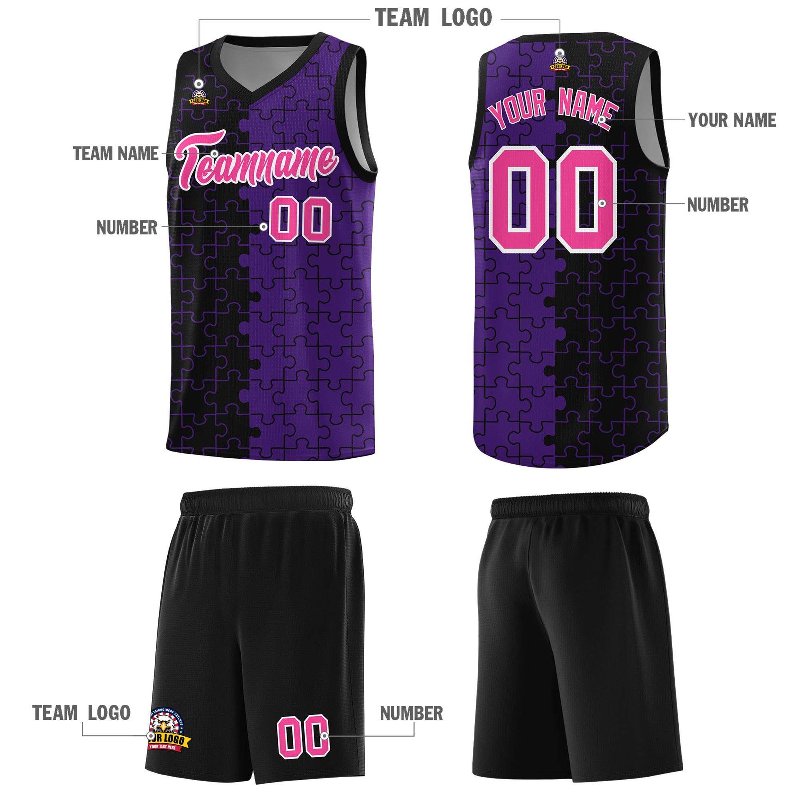 Custom Youth Basketball Jersey Black Purple Puzzle Pattern Personalized Team Uniform