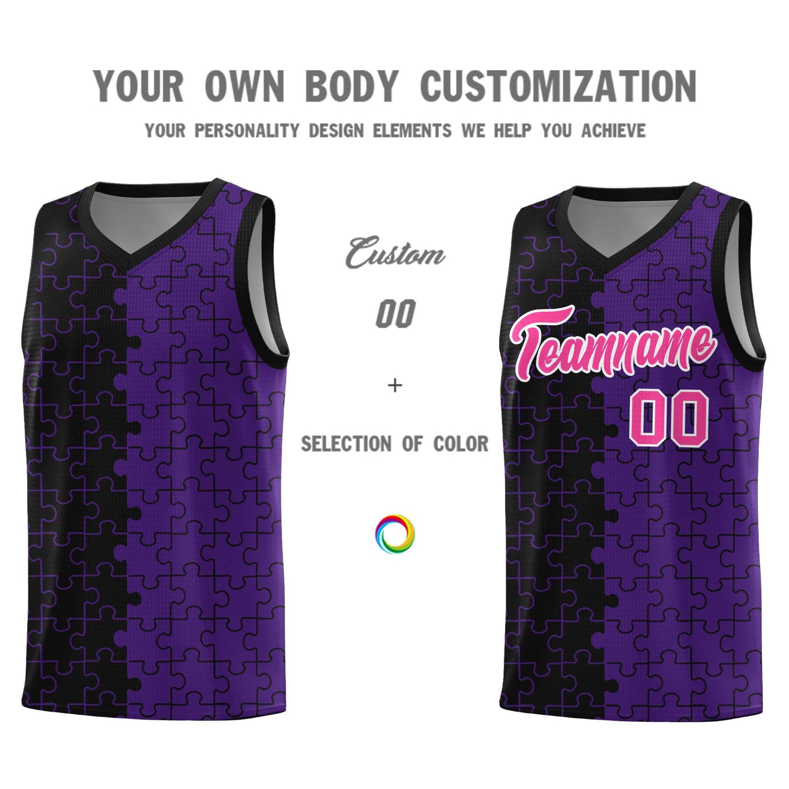 Custom Youth Basketball Jersey Black Purple Puzzle Pattern Personalized Team Uniform