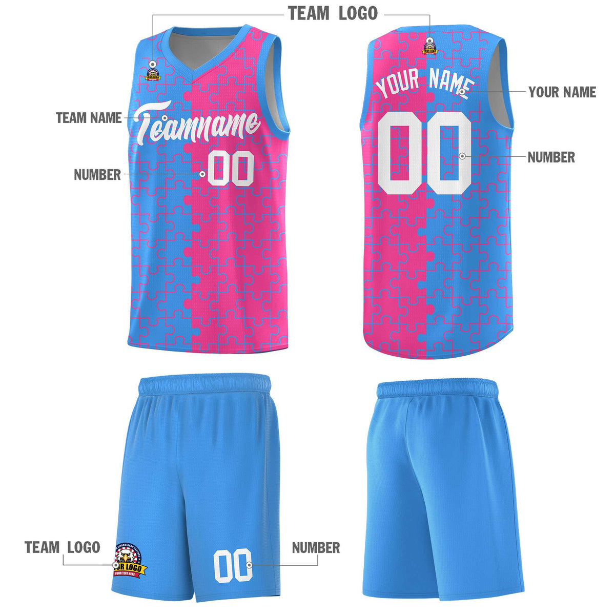 Custom Youth Basketball Jersey Light Blue Pink Puzzle Pattern Moisture-Wicking Team Uniform