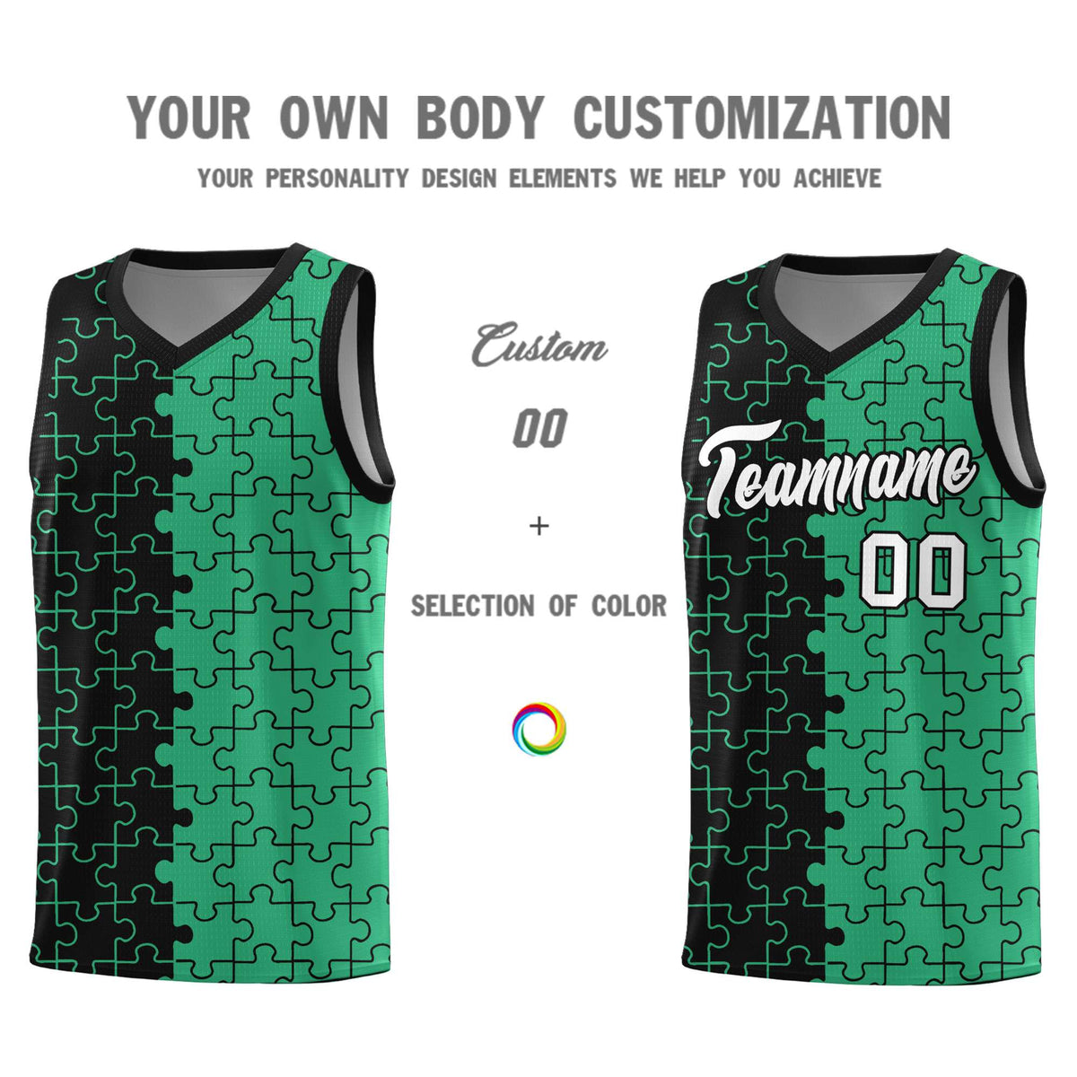 Custom Youth Basketball Jersey Black Green Puzzle Pattern Personalized Team Uniform