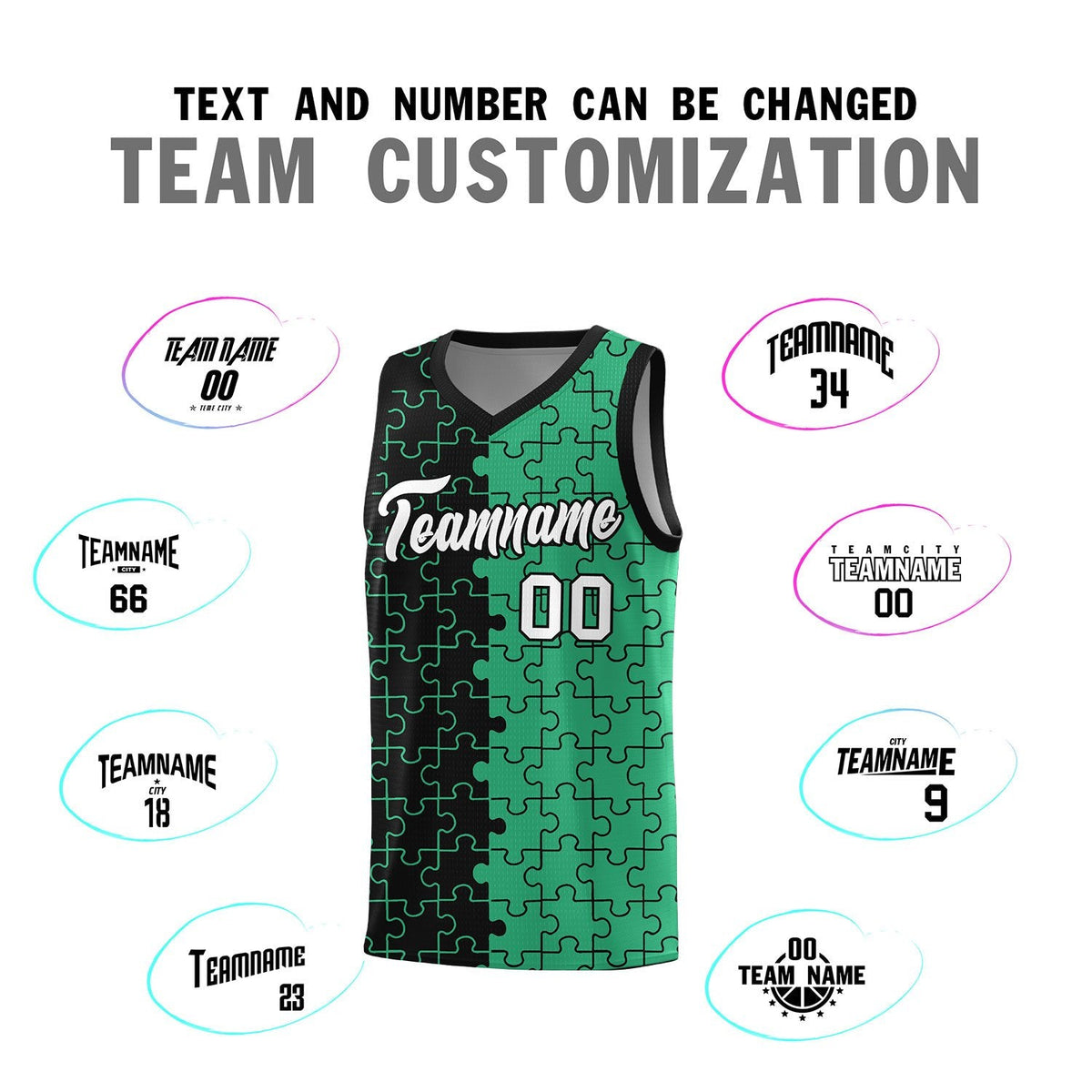 Custom Youth Basketball Jersey Black Green Puzzle Pattern Personalized Team Uniform