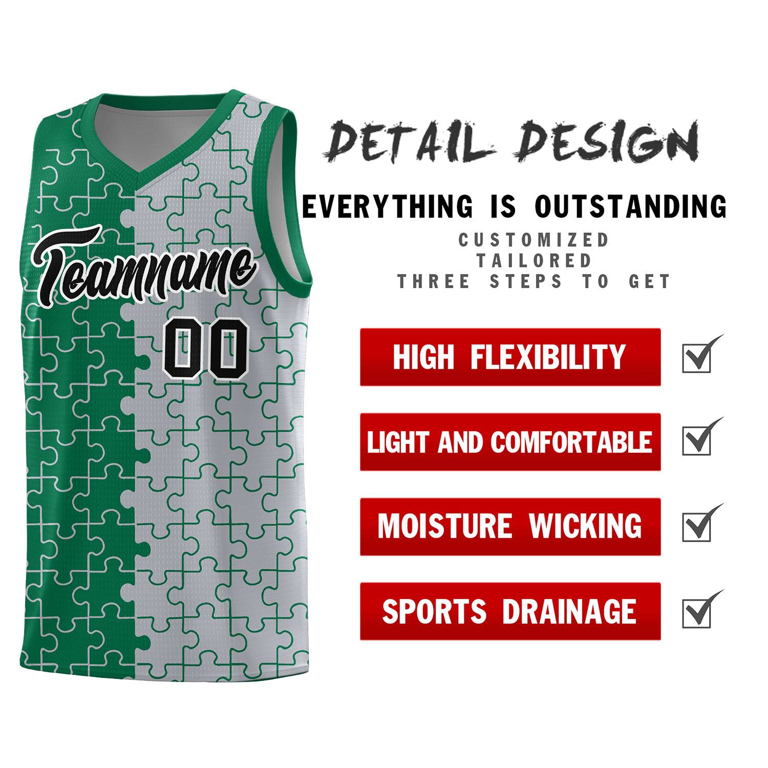 Custom Youth Basketball Jersey Kelly Green Gray Puzzle Pattern Add Name, Number & Team Logo
