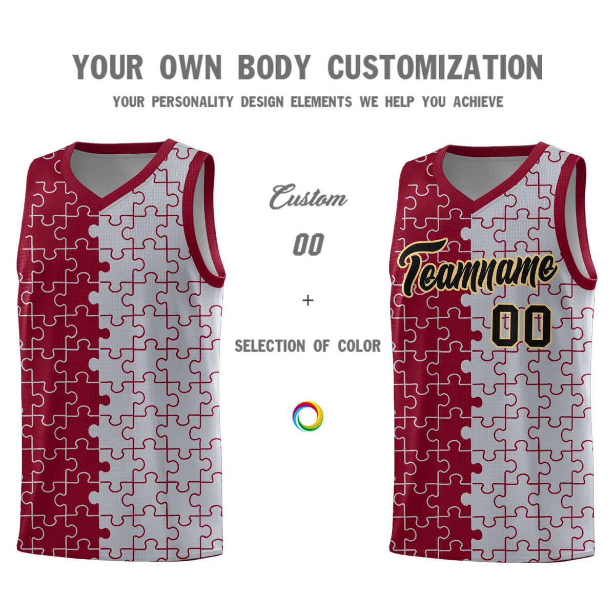 Custom Youth Basketball Jersey Crimson Gray Puzzle Pattern Moisture-Wicking Team Uniform