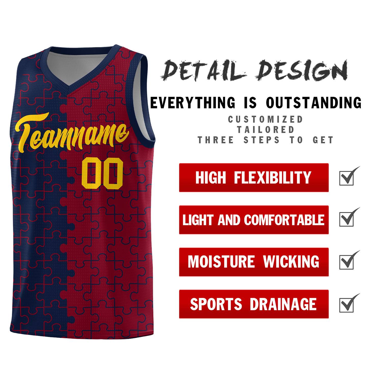 Custom Youth Basketball Jersey Navy Crimson Puzzle Pattern Personalized Team Uniform