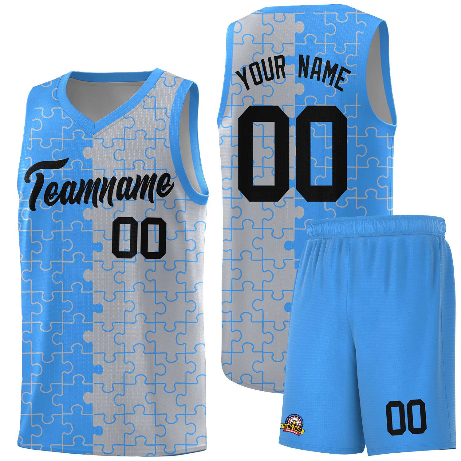 Custom Youth Basketball Jersey Light Blue Gray Puzzle Pattern Add Name, Number & Team Logo