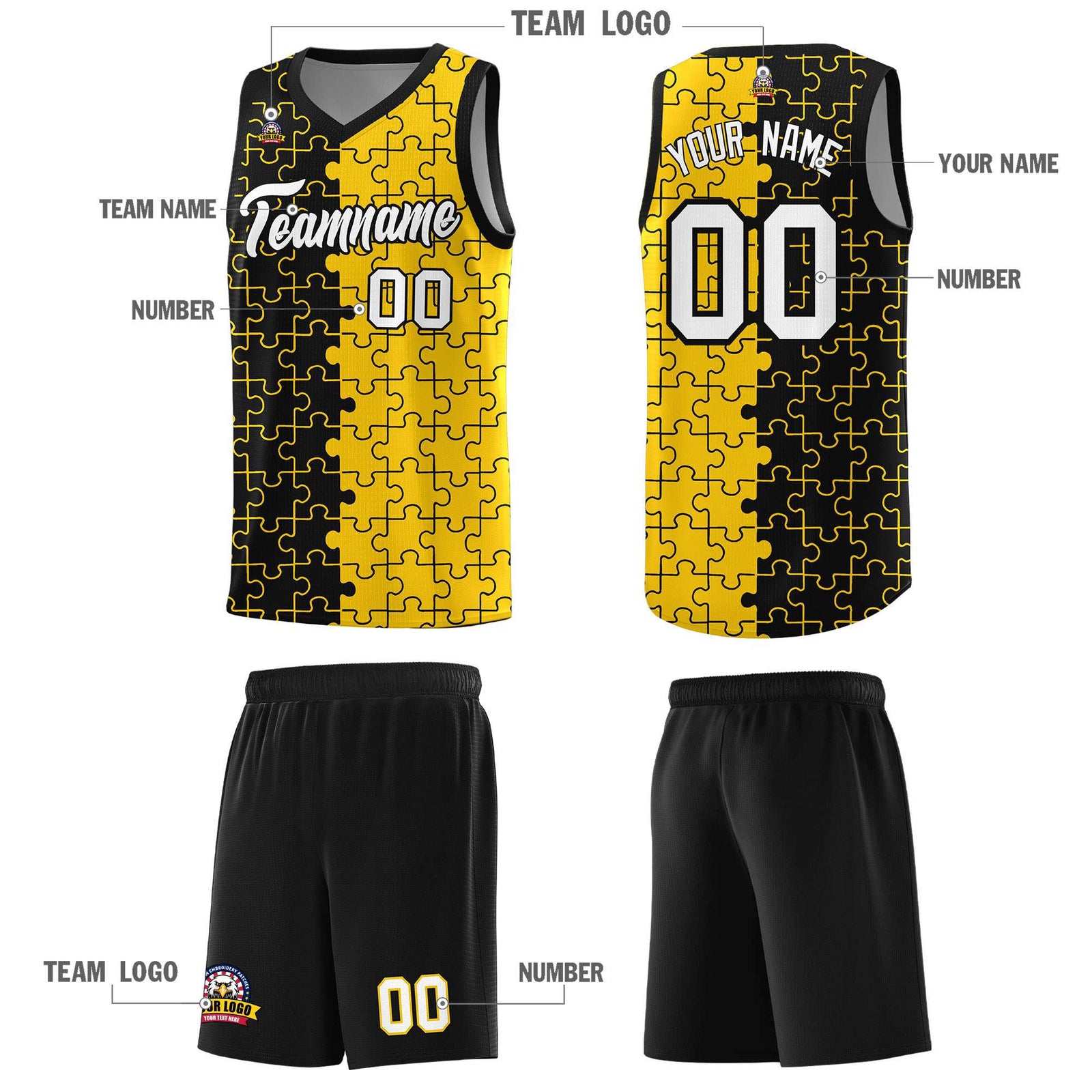 Custom Youth Basketball Jersey Black Gold Puzzle Pattern Breathable Team Uniform