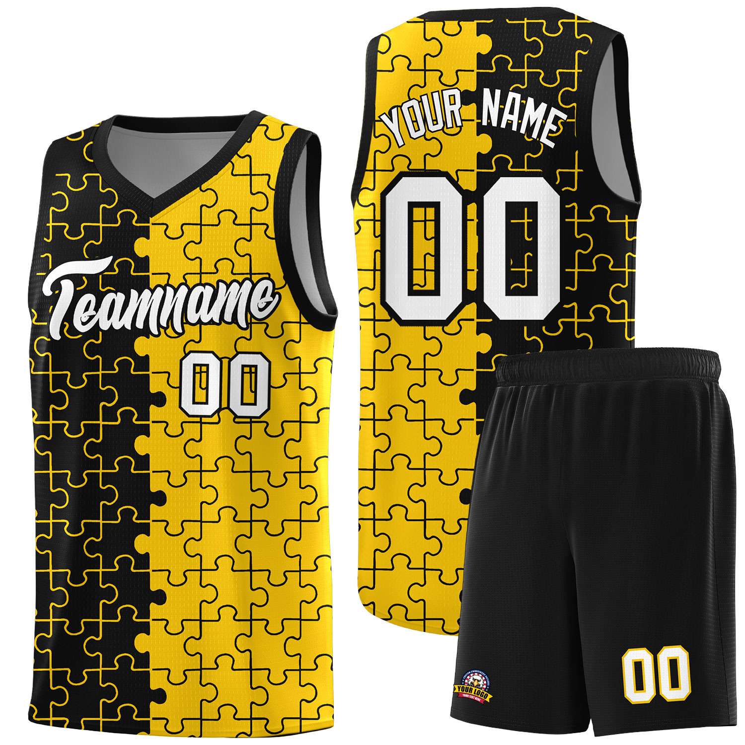 Custom Youth Basketball Jersey Black Gold Puzzle Pattern Breathable Team Uniform