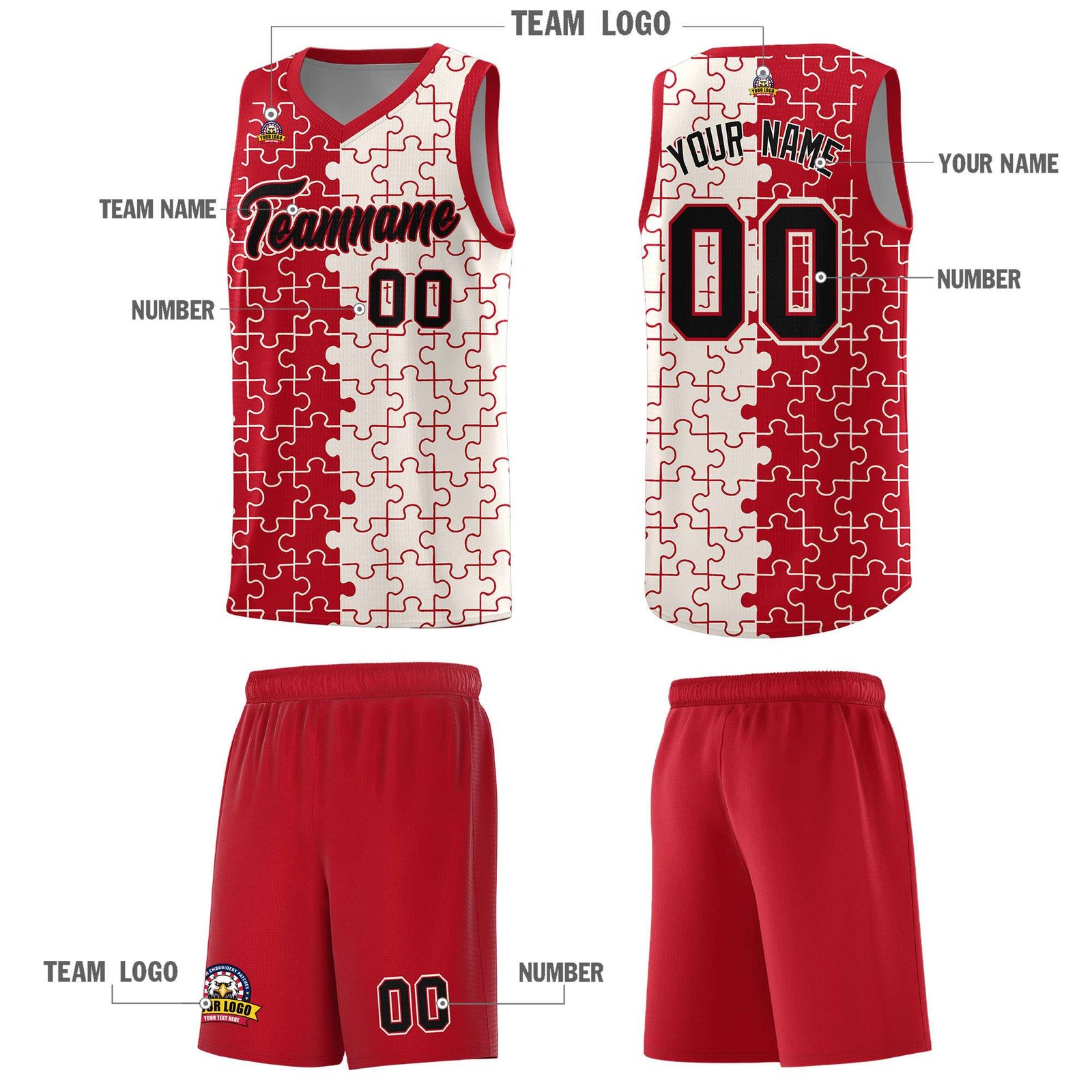 Custom Youth Basketball Jersey Red Cream Puzzle Pattern Moisture-Wicking Team Uniform