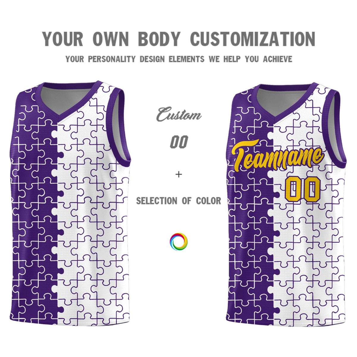 Custom Youth Basketball Jersey Purple White Puzzle Pattern Add Name, Number &amp; Team Logo